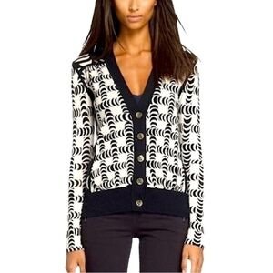 Tory Burch Black & Cream Graphic Wool Cardigan XS | Chic Button Front Statement